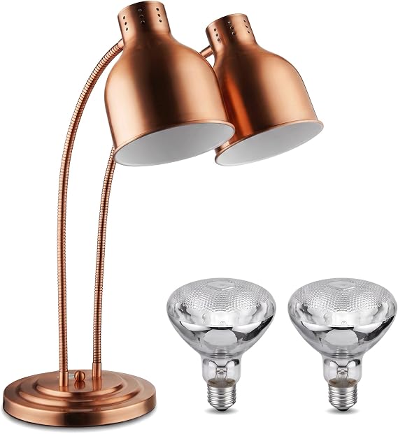 Dual Heads Food Heat Lamp with 500w Bulb Food Warmer Infrared Heating Lamp Countertop Restaurant Kitchen (Double Head(Copper))