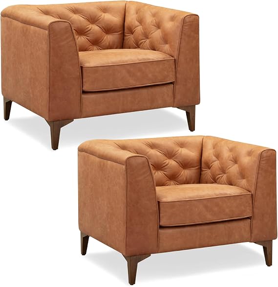 POLY & BARK Essex 40" Lounge Chairs Set of 2 Cognac Tan Full-Grain Pure-Aniline or Semi-Aniline Italian Leather, Tufted Back & Arms, Feather-Down Cushions, Walnut Wood Legs