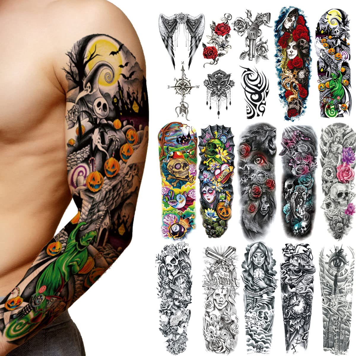 18 Pcs Full Arm Temporary Tattoo Stickers, Waterproof Temporary Tattoo,Black Body Tattoo Stickers For Women,Men,Halloween,Party,Masquerade