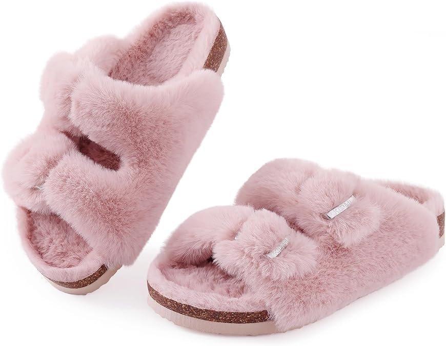 KIDMI Fuzzy Slippers for Women with Cork Footbed Fluffy Slides House Shoes