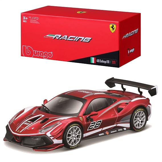Bburago B18-36309 Ferrari Racing 488 Challenge EVO 2020 Super Car Cheong, Model, Sport, pre-Built, Red