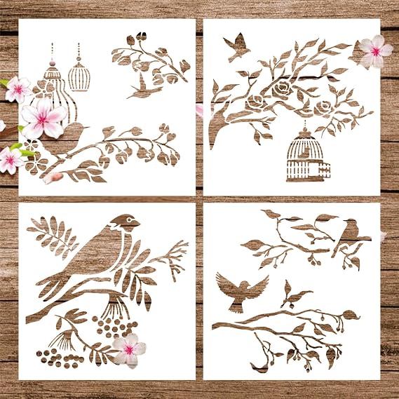 4 Pieces 12 x 12 inches Spring Summer Birds Stencils Templates for Painting, Large Reusable Flying Birds Branch Painting Templates Stencils for Painting Craft Drawing on Wood Wall Home Decorations