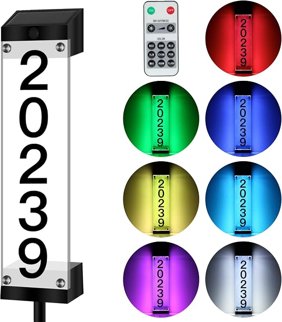 Solar House Numbers for Outside, Address Signs for Yard with Stake | Solar Illuminated LED Lighted Address Sign, Waterproof Address Signs for Houses, 7 Color for Choice, Stake or Wall Mount
