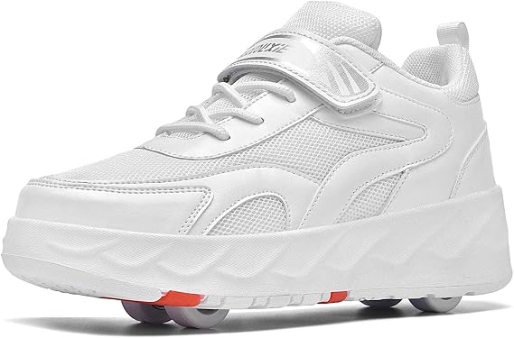 Roller Shoes Sneakers for Boys Girls, Roller Skating Shoes Double Row 4 Wheel Trainer Outdoor Sports Skating Travel Roller Sneakers,White-21cm