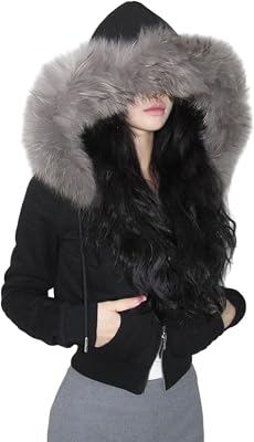 KMBANGI Women Fur Trim Crop Hoodies Zip Up Y2k Long Sleeve Cropped Sweatshirt Zipper Furry Hooded Jacket with Pockets