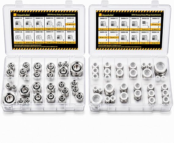 64 Pcs. DIN Heavy Duty Cap & Plug Assortment Hydraulic Adapter Fitting Kit Set, Galvanized Steel with Precision Threading