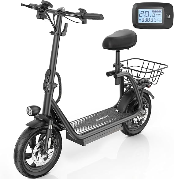 Caroma Electric Scooter with Seat for Adults, 1200W/800W Peak Motor, 30Miles Long Range & 20Mph, 14" Fat Tire Foldable E Scooter with Basket for Commuting, Grocery, Pets
