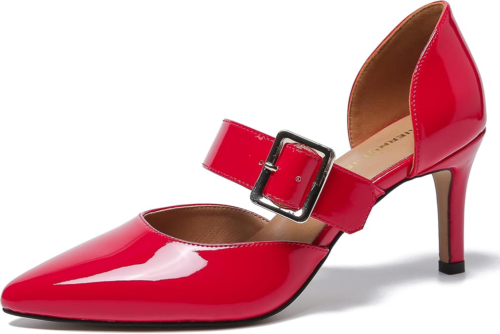 MAIERNISI JESSI Women's D'Orsay Pointed Toe Pumps, Stiletto Kitten Heel, Buckle Strap Dressy Shoes