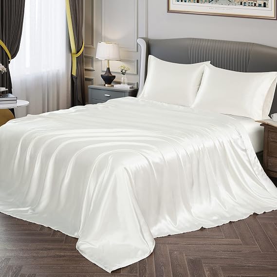Vonty Satin Sheets Full Size Silky Soft Satin Bed Sheets Ivory White Sheet Set, 1 Deep Pocket Fitted Sheet + 1 Flat Sheet + 2 Pillowcases | Silky Satin Protects Hair, Reduces Facial Wrinkles, Deep Pocket Up To 15 Inch, Machine Washable, Year-Round Comfort
