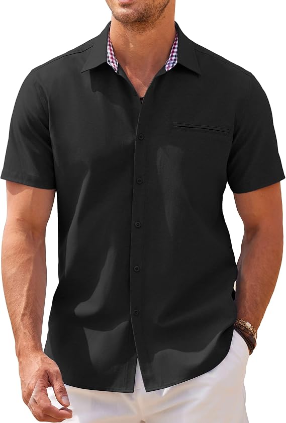COOFANDY Men's Short Sleeve Oxford Dress Shirt Chambray Button Down Work Shirt Casual Plaid Collar Shirts