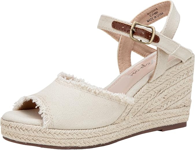 Vepose Women's Wedge Sandals, Peep Toe Espadrille Platform High Heels | Adjustable ankle buckle, 3.3-inch lift, memory foam insole, textured outsole, dressy summer looks for work and weddings