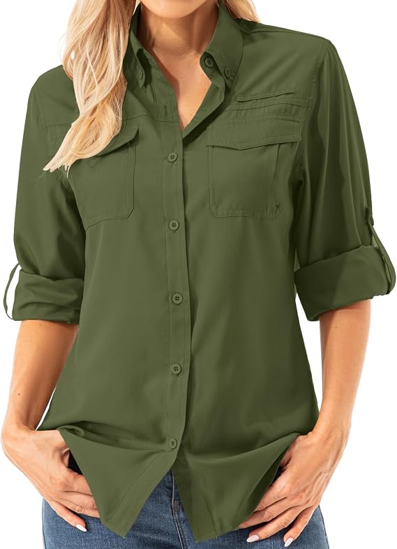 Womens SPF Sun Safari Shirts Long Sleeve Quick Dry Fishing Hiking Clothes