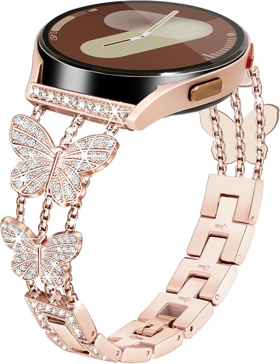 Compatible for Samsung Galaxy Watch 7 6 5 4 FE Band 40mm 44mm, Women Diamond Metal 20mm Watch Band for Samsung Watch Bands 7 6 5 4 FE/5 Pro/Watch 6 4 Classic/Watch 3 41mm/Active 2 (Rose Gold)