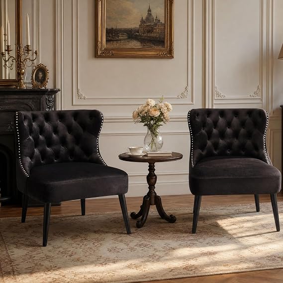 Hyfirm Tufted Upholstered Accent Chairs Set of 2, Mid Century Modern Living Room Chairs with Nailhead Trim Comfy Wingback Side Chair for Bedroom Reception Cafe, Black Velvet