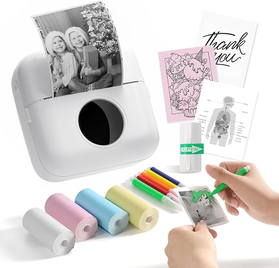 Mini Sticker Printer Notebook Buddy Portable Printer Small Thermal Printer Label Maker Photo Printer DIY Student Gift for iPhone Android Inkless Pocket Printer Colorful Paper with 5 Pens White