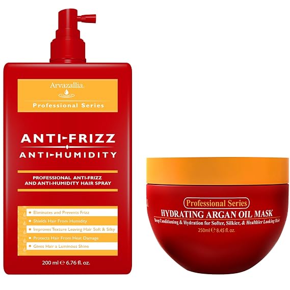 Arvazallia Hydrating Argan Oil Hair Mask and Anti-Frizz Anti-Humidity Spray Treatment Bundle - Professional Grade Deep Conditioning, Frizz Control, and Humidity Shield