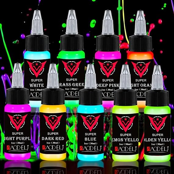 9Color Fluorescent Tattoo Ink Set, 9Pcs Tattoo Ink Color Set,Glow in The Blacklight, Skin-Safe Permanent Tattooing for 3D Makeup Beauty Skin Body Art, 1oz 30ml/Bottle
