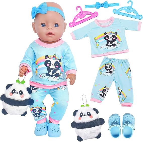7Pcs Baby Doll Clothes for 14-18inch Doll 30-45cm Baby Doll, Blue Panda Long-Sleeved top with Pants Headwear Crocs Doll Keychain 2 hanger for Kids Friends Girls Birthday Sweet Cartoon Doll Clothes