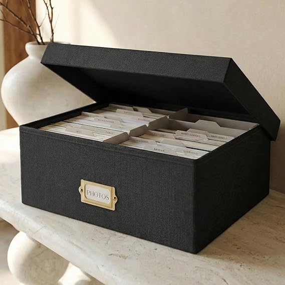 Decorative Photo Storage Box - Sturdy Linen Organizer Holds 1700 Photos | Organizer with Dividers Stores Up to 1700 4x6 Pictures - Portable Scrapbook Storage Containers with Lid