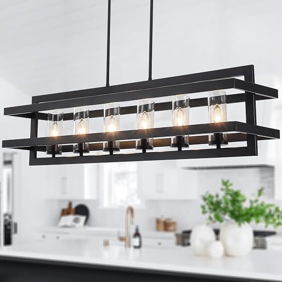 41" Black Pendant Light Kitchen Island, Rectangle Chandelier fo Dining Room