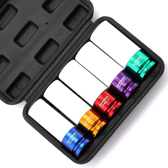 5 Pieces 1/2" Drive Wheel Protector Impact Socket Set, CR-MO, Metric/SAE, Thin Wall Deep Impact Socket Set, 6 Point, Color-Coded, 17mm, 19mm, 21mm, 13/16", 7/8"