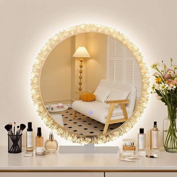 Desk Vanity Mirror LED Lighted Makeup Mirror with Crystal Frame, 3 Color Lighting Modes Touch Control Tabletop Vanity Make Up Mirror