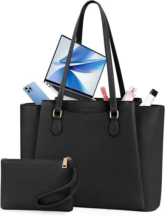 RAINSMORE Laptop Bag for Women 15.6 Inch, Waterproof Faux Leather Work Tote Bag with Clutch Purse, Large Office Bag for Commute, College, Black