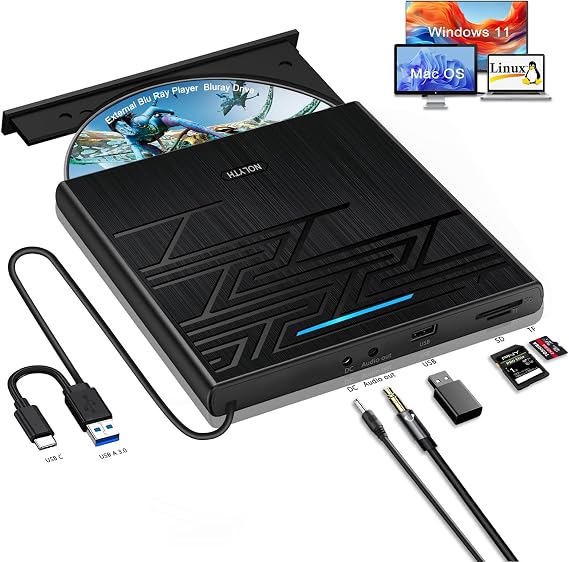 External Blu Ray CD Player for Laptop: Portable USB C Bluray DVD Drive - Optical USB3.0 Blu-ray CD/DVD ROM Burner with 3.5mm Audio SD TF USB Slot for Apple Mac Linux Windows 11/10/8/7 PC