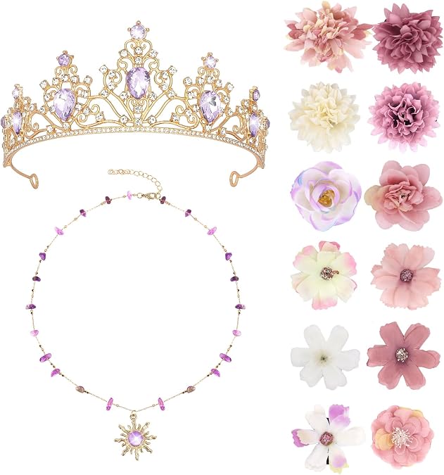 Enchanted Floral Princess Set, Crystal Tiara Sun Pendant Necklace and Flower Hair Clips, Fashion Accessories for Women for Cosplay, Themed Parties & Everyday Wear