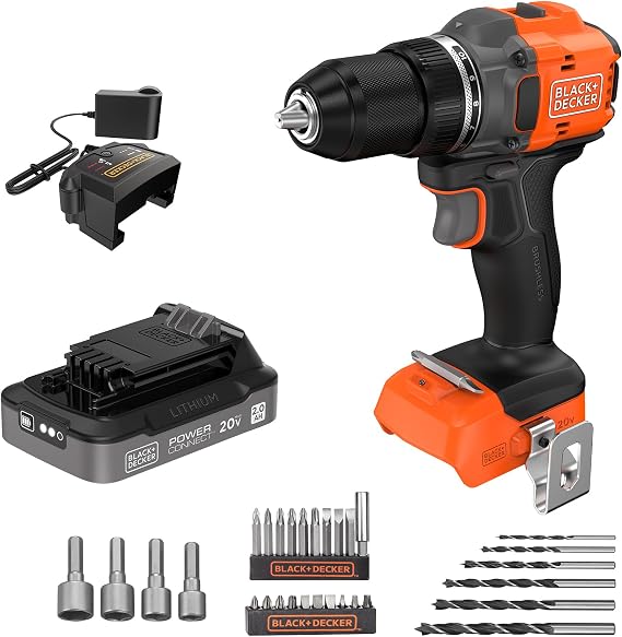 BLACK+DECKER 20V MAX Cordless Brushless 12-in. Drill Driver, 30 Pc. Drill Bit Set and Screwdriver Bit Set, 2Ah Battery and Charger Included, PowerConnect Electric Drill Cordless (BLD782PK30D1)