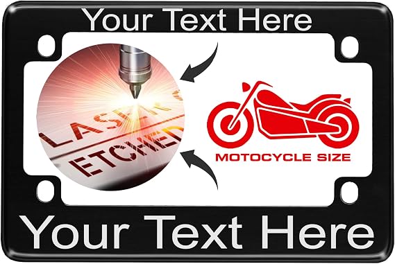 Motorcycle Personalized with Custom Text Design - Anodized Aluminum Laser Etched Standard Size License Plate Frame - Black