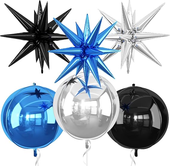 Foil Balloons, 6Pcs Black Blue Silver 22Inch 4D Round Ball Explosion Star