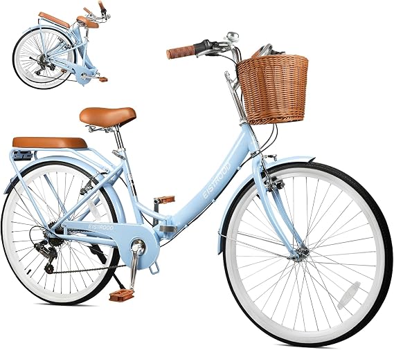 26 Inch Folding Beach Cruiser Bike for Women, 7-Speed Ladies Bike with Basket & Rack (Blue)