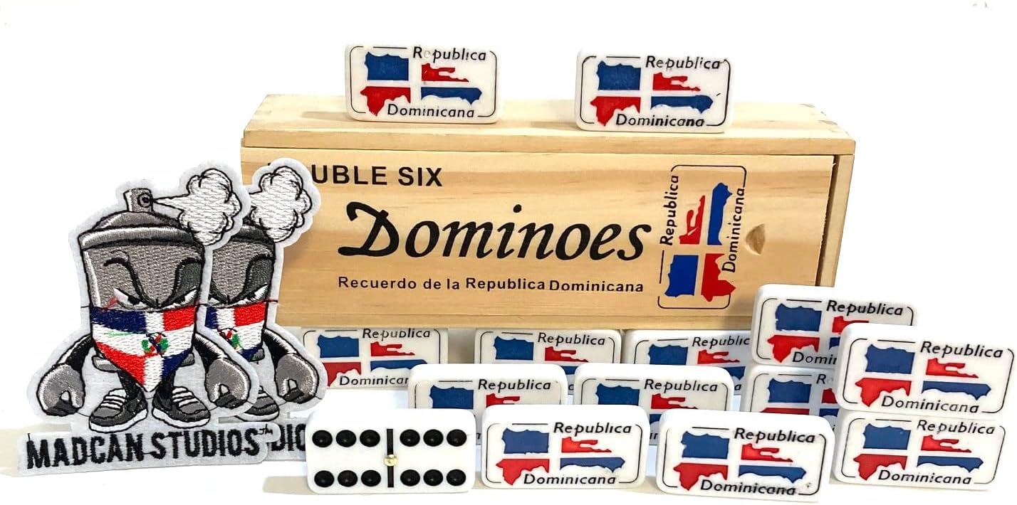 Artist Unknown Dominican Republic Flag Santo Domingo Double Six Dominoes Tiles in Wooden Case