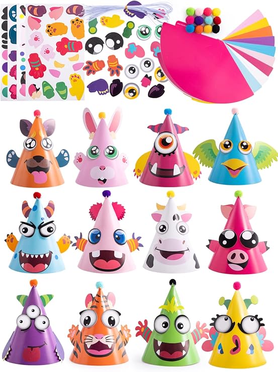 JOYIN 12 Sets Party Hats for Kids Birthday Party Games Craft Activities, Cute Animal Theme Birthday Hats Activity Kits with Stickers for Kids Holiday Theme Party Favors