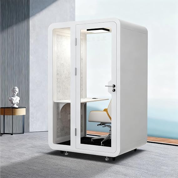 Quiet Meeting Pod with Acoustic Panels, Soundproof Office Pod Booth with Wheel, Tempered Soundproof Glass, Portable Modular Pod for Conference Room, Telephone Booth