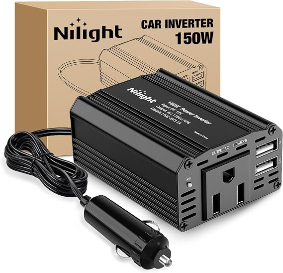 Nilight 150W Power Inverter with 3.1A Dual USB Ports and 1 AC Outlets | 12V DC to 110V AC Car Charger Converter for Phones Tablets Laptop Computer Game Console Kindle iPad DVD Players Black