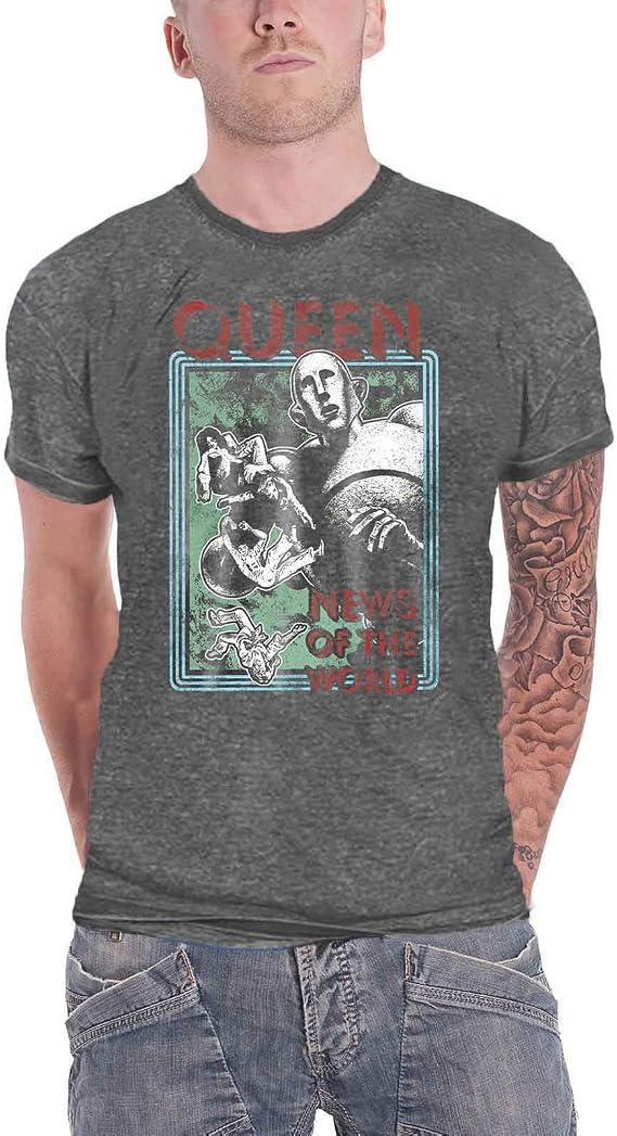 Queen T Shirt News of The World Band Logo Official Mens Charcoal Grey Burnout
