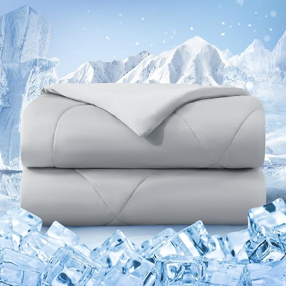 Cooling Comforter Twin Size, Double-Sided Cold Tech Fabric Quilted Bed Comforters Cooling Blanket for Hot Sleepers, Breathable Lightweight Summer Bedding, All-Season Ice Blanket, Light Gray