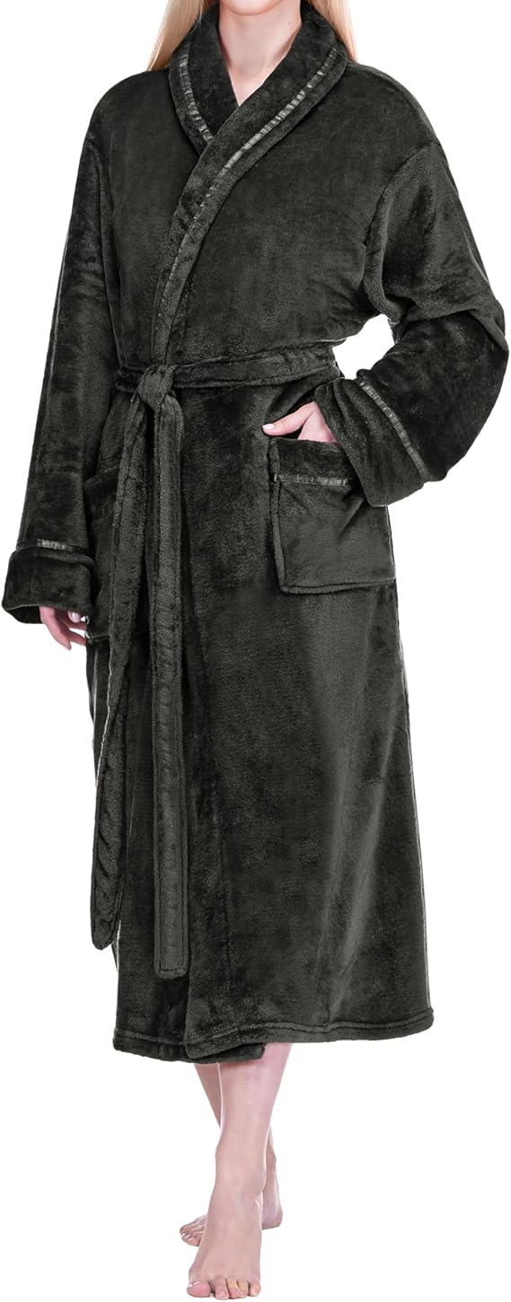 PAVILIA Womens Fleece Robe with Satin Trim, Plush Soft Long Spa Bathrobe, Cozy Shawl Collar Housecoat with Pockets