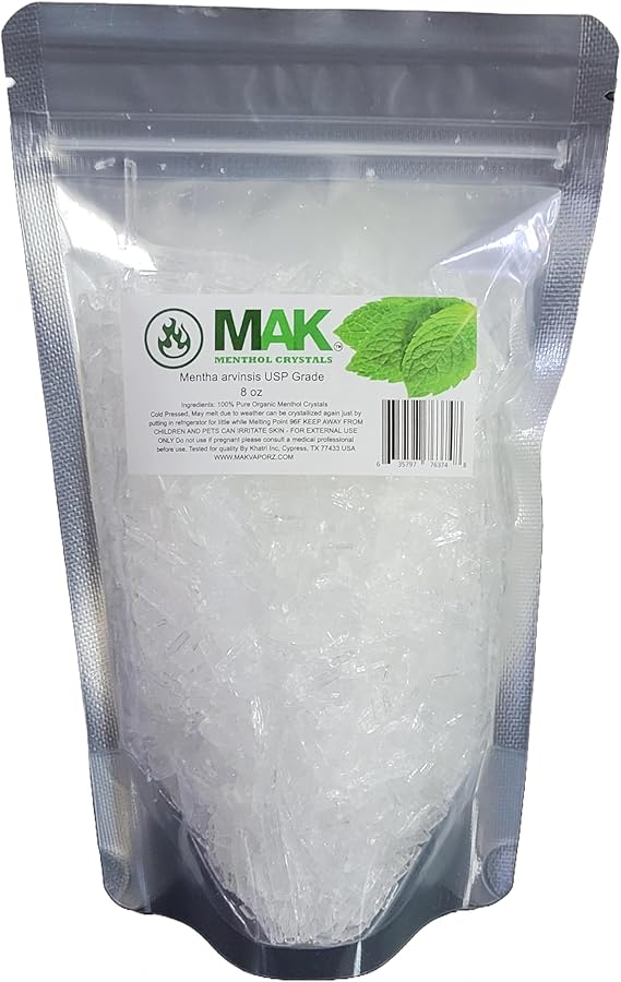 Mak Menthol Crystal 8 oz - Pure Organic 100% Natural - Menthol Crystals from Mint Crystal Mints Mentha Arvensis -  in Resealable Standup Bag for Long-Lasting Freshness
