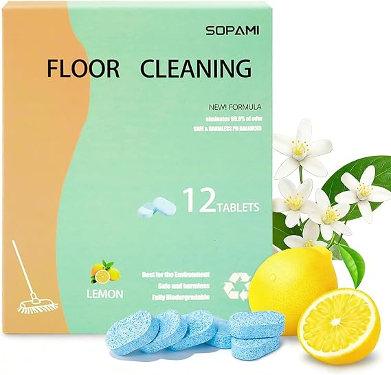 SOPAMI multi effect floor cleaning tablets 12 Counts Lemon Scent | floor cleaner sheets for Mopping Robot Vacuums and Cordless Wet/Dry Vacuum Mop Cleaners, for Tile Vinyl Sealed Hard Floors