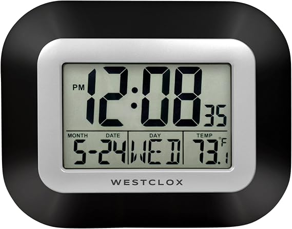 Westclox Large Digital Wall Clock Battery Operated with Temperature Date and Day of Week with Alarm | Modern Digital Desk Clock for Office Kitchen Bedroom or Living Room | Black
