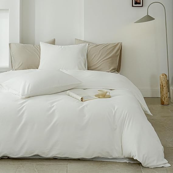 QKTE 100% Washed Cotton Duvet Cover Set 3PCS Linen Feel King Duvet Cover Breathable Durable Comfy Twill Bedding (White,104" x 92")