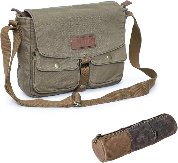 GOOTIUM Vintage Canvas Messenger Bag & Waxed Pencil Pouch Set