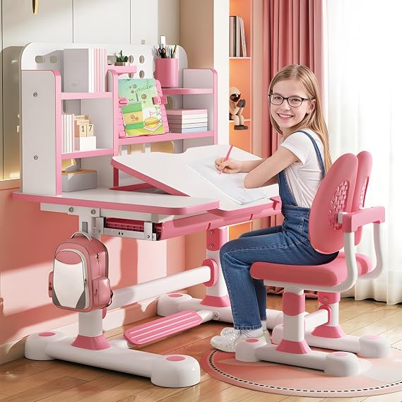Kids Study Desk And Chair Set, Height Adjustable Children's Study Desk And Chair Set Toddler Learning Table and Stool Set with Bookshelf Storage Drawer 50-Degree Tiltable Desktop for Bedroom Pink