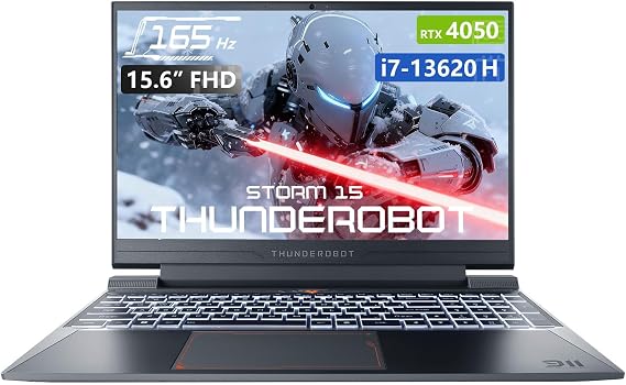 Thunderobot Storm 15 4050 Gaming Laptop, Intel Core i7-13620H, GeForce RTX 4050, 15.6" FHD 165Hz Display, 32GB RAM, 1TB SSD, Backlit Keyboard, HDMI, Wi-Fi, Win 11 Home, Black