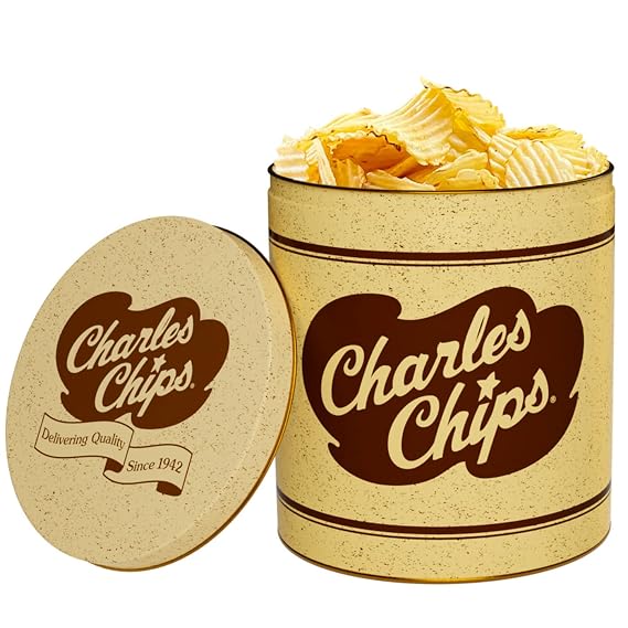 Charles Chips Waffle Potato Chips 16oz Crispy Lattice-Cut Snack in Iconic Recyclable Steel Tin | Gluten Free & Kosher | Great for Dipping & Parties | Since 1942