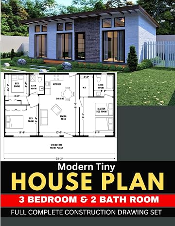 Modern Tiny House plan 3 Bedroom & 2 Bathroom with 841 Square feet: Full Complete Construction Drawing Set