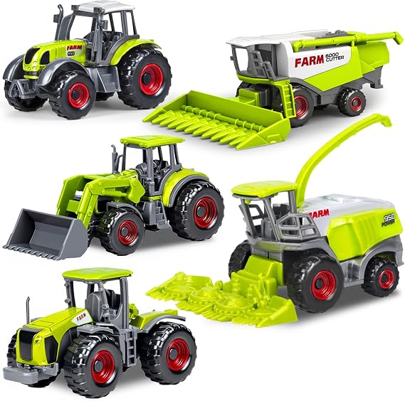 5 Pack Diecast Farm Tractor Toy, Toddlers Farm Toys Tractor Vehicles with Combine Harvester, Forage Harvest, Mini Farming Truck Toys for Kids Boys Ages 3 4 5 6 7 8 Birthday Gift & Party Favors
